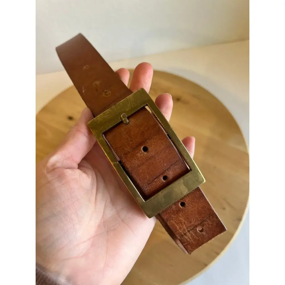 Vintage 90s Worn in Genuine Leather Gold Buckle Belt England Made Size Medium